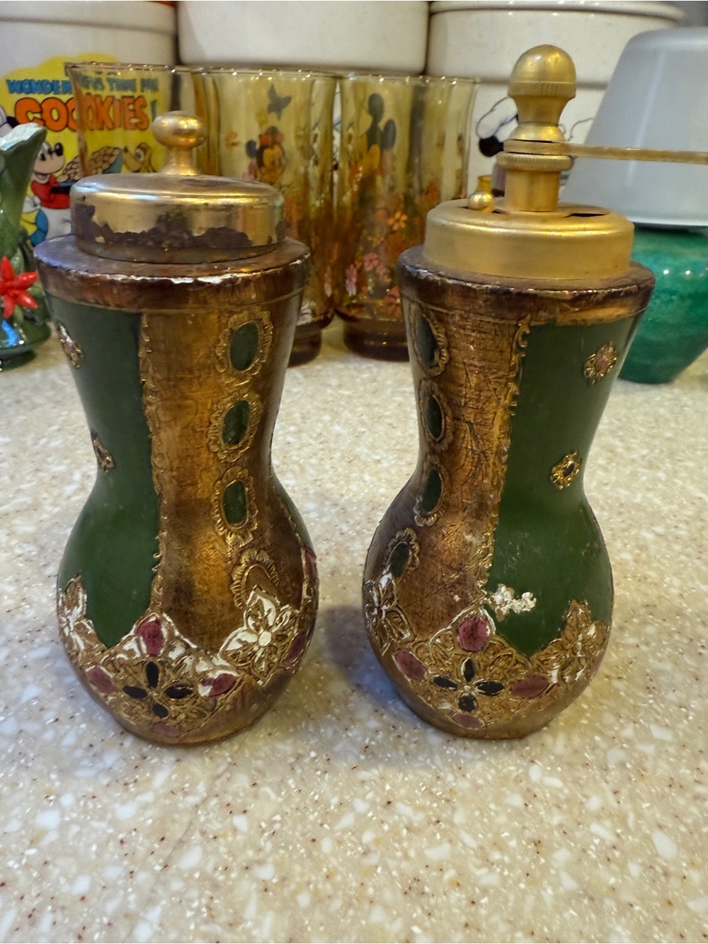 Ornate Green & Gold Decorative Salt and Pepper Shakers - Elegant Table Accent